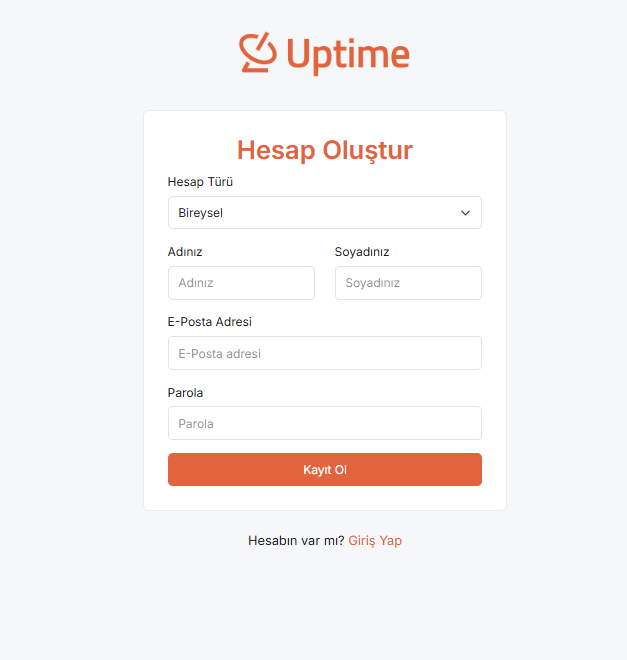 Uptime.net.tr Hesap Oluşturma Sayfası