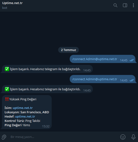 Telegram Botu ile Bağlantı Kurma Ekran Görüntüsü